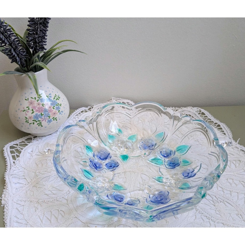 Vintage Heart Shaped Glass Bowl with‎ Blue Flowers, Hand Painted Floral Dish